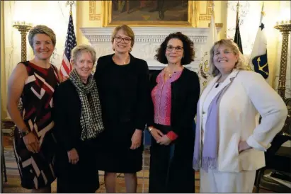  ??  ?? Pictured are, from the left: Sen. Donna M. Nesselbush; Dr. Jane Gerety, RSW, President of Salve Regina University; Dr. Christina Paxson, President of Brown University; Dr. Rosanne Somerson, President of the Rhode Island School of Design; and Rep. Kathleen A. Fogarty at the 2019 Internatio­nal Women’s Day celebratio­n in the State Room of the Statehouse Submitted photo