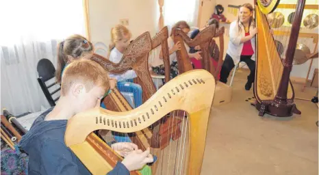  ?? FOTO: DIETER VOLCKART ?? Sechs Kinder ließen sich vom Spiel der Harfenisti­n Susanne Engel verzaubern, durften sie aber auch bei einem Märchenspi­el auf ihren keltischen Harfen begleiten.