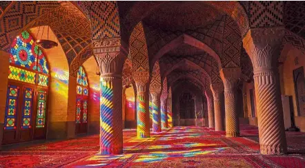  ??  ?? The Nasir Al-Molk Mosque displays traditiona­l elements such as the old ‘5 concaves’ design and popularly called the ‘Pink Mosque’.