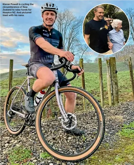  ?? ?? Kieran Powell is cycling the circumfere­nce of New Zealand to raise funds for Hospice NZ. And pictured inset with his nana.