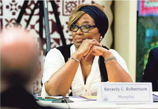  ??  ?? Commission member Beverly Robertson listens during a meeting of the Tennessee Historical Commission where they considered whether they will allow the City of Memphis to move the statue of Nathan Bedford Forrest at the McMinn County Living Heritage Museum in Athens on Oct. 13, 2017. Robertson was named interim leader of the Greater Memphis Chamber last week.