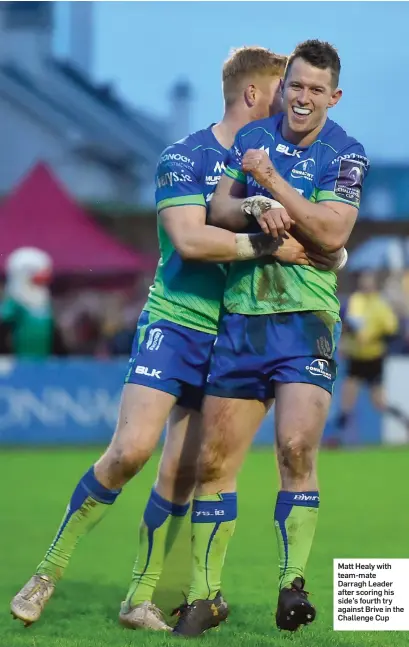  ??  ?? Matt Healy with team-mate Darragh Leader after scoring his side’s fourth try against Brive in the Challenge Cup