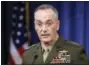  ?? MANUEL BALCE CENETA — ASSOCIATED PRESS ?? Joint Chiefs Chairman Gen. Joseph Dunford, speaks to reporters during a briefing at the Pentagon on Monday.