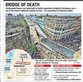  ?? PTI PHOTO ?? BURRABAZAR ly gh r oo ve H ri FLYOVER COLLAPSE Howrah Bridge
Kali Krishna Tagore
St Howrah Junction Acharya Prafulla Chandra Rd
Kolkata The site in north Kolkata where the under-constructi­on
■ flyover collapsed on Thursday.