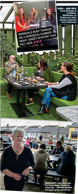  ??  ?? hIgh… and dRy: Fiona McHugh of Lenehans, Rathmines, on Friday and, inset, famous customer Amy Huberman waShOUT: Mary McHugh, Ivy Tower Hotel, Castlebar, yesterday – with the weatherdam­aged grass behind her