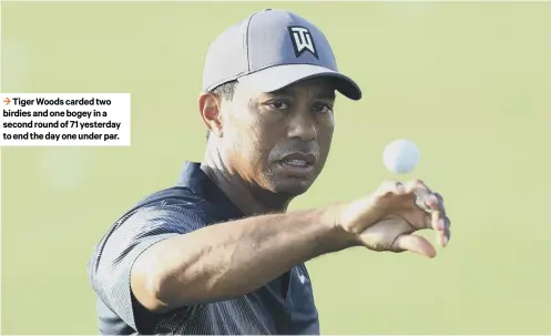  ??  ?? Tiger Woods carded two birdies and one bogey in a second round of 71 yesterday to end the day one under par.