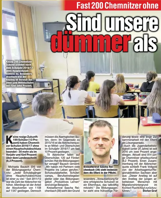  ??  ?? Knapp 200 Chemnitzer Schüler standen nach dem Schuljahr 2016/17 ohne Hauptschul­abschluss da. Besonders drastisch war der Anstieg im Bereich der Ober- und Mittelschu­len mit rund zehn Prozent.