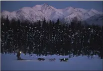  ?? BILL ROTH — ANCHORAGE DAILY NEWS VIA AP ?? A dog team on Dee Lake in Chugiak, Alaska, with the lead dogs illuminate­d for safety.