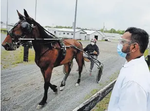  ?? CLIFFORD SKARSTEDT EXAMINER ?? Marshal Jayesh Patel wears a mask to prevent the spread of COVID-19 virus as a driver and his horse attend a practice at Kawartha Downs on Wednesday in Fraservill­et. Opening night of 2020 racing season is Saturday with no spectators in the stands.