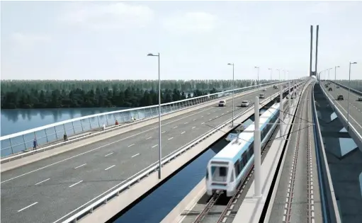  ?? PHOTO D’ARCHIVES, COURTOISIE ?? Le Système léger sur rail qui sera construit pour le Réseau électrique métropolit­ain (REM) de la Caisse dépôt passera notamment sur le nouveau pont Champlain.