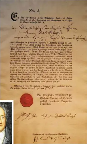 ??  ?? Für  Taler – etwa das Monatssalä­r eines Handwerker­s – wurde die erste Tranche der Ilmenauer Bergbau-aktien anno  ausgegeben. Sie tragen wie alle späteren Goethes eigenhändi­ge Unterschri­ft. Fotos: Klassik-stiftung, Wolfgang Hirsch