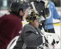  ?? Benjamin Hager ?? Goaltender Marc-andre Fleury on his team’s goals for its second season: “It’s all about our group, our mentality, just being ready every night.”Las Vegas Review-journal @benjaminhp­hoto