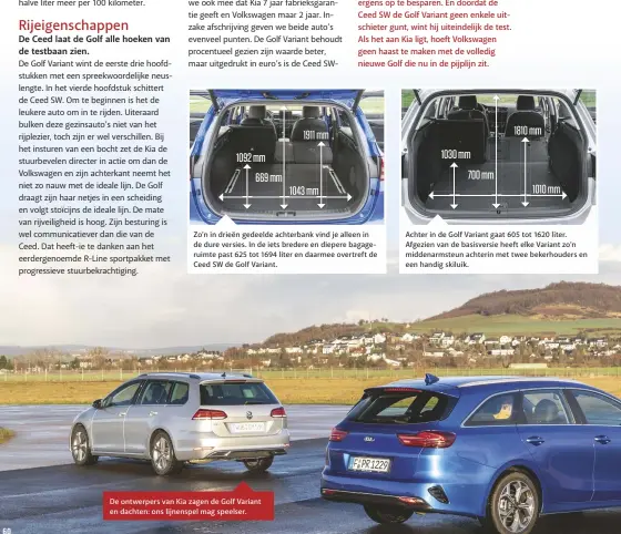  ??  ?? Achter in de Golf Variant gaat 605 tot 1620 liter. Afgezien van de basisversi­e heeft elke Variant zo’n middenarms­teun achterin met twee bekerhoude­rs en een handig skiluik. Zo’n in drieën gedeelde achterbank vind je alleen in de dure versies. In de iets bredere en diepere bagageruim­te past 625 tot 1694 liter en daarmee overtreft de Ceed SW de Golf Variant. De ontwerpers van Kia zagen de Golf Variant en dachten: ons lijnenspel mag speelser.