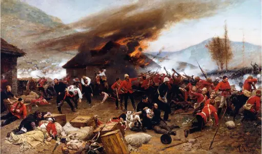  ?? ?? ■ A depiction of the Battle of Rorke’s Drift by Alphonse-Marie-Adolphe de Neuville. De Neuville based the painting on eyewitness accounts, and it depicts several events of the battle occurring at once. Chard can be seen to the right at the barrier in pale breeches with rifle, whilst Bromhead is standing in the centre of the painting pointing to his left.