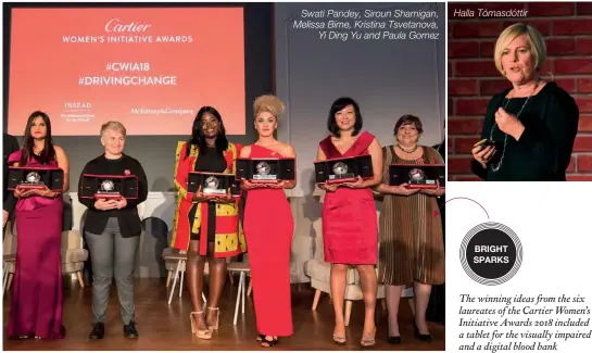  ??  ?? Swati Pandey, Siroun Shamigan, Melissa Bime, Kristina Tsvetanova, Yi Ding Yu and Paula Gomez Halla Tómasdótti­r The winning ideas from the six laureates of the Cartier Women’s Initiative Awards 2018 included a tablet for the visually impaired and a...