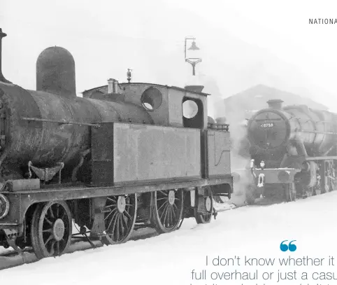  ??  ?? This picture of LYR 2-4-2T No. 50621 in steam outside Horwich Works, following its final repair before going into the National Collection, was taken by the late Norman Lowe, who was head of pattern-making and later principal of the apprentice training school at the works, and built several 3½in gauge models of ‘Lanky’ locomotive­s, which are now in Bolton Museum.
The date is unknown, but the snow would suggest the winter following No. 50621’s withdrawal in September 1954. Also visible are Aspinall ‘27’ 0-6-0 No. 52526 and ‘8F’ No. 48758.