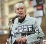  ??  ?? Mary Headrick speaks at the rally Monday at Miller Park in downtown Chattanoog­a.