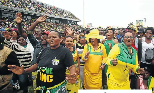  ??  ?? Wearing party T-shirts, dresses and colours, ANC supporters sing and chant at the party’s 106th birthday celebratio­ns in East London yesterday.