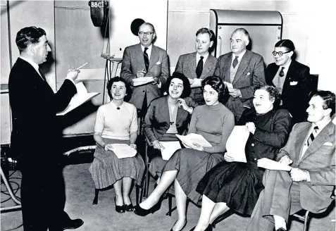  ??  ?? Producer Tony Shryane with the cast of The Archers at a recording in 1955. Above right, Gwen Berryman, who played Doris, in 1961 with Monte Crick, the second actor to play Dan