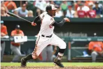  ?? Associated Press ?? n Baltimore Orioles’ Adam Jones follows through on a single against the Houston Astros in the eighth inning of a baseball game Sunday in Baltimore.