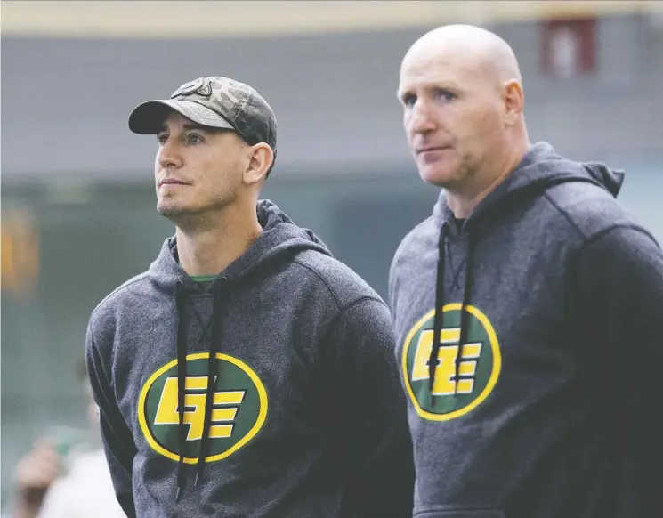  ?? David Bloom ?? Edmonton Eskimos’ head coach Jason Maas, left, and special teams co-ordinator A.J. Gass watch the 2019 Western Regional Combine back in March.