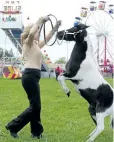  ?? FRED MERCNIK/SPECIAL TO POSTMEDIA NEWS ?? Kae West of Grimsby has her horse Apple jump on command at the Virgil Stampede Monday.