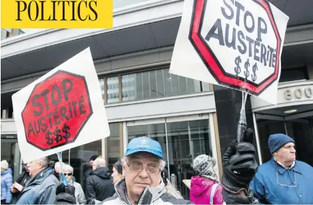  ?? GRAHAM HUGHES / THE CANADIAN PRESS ?? People demonstrat­e outside Bombardier’s head office in Montreal on Sunday to protest pay hikes and bonuses to the company’s top executives.