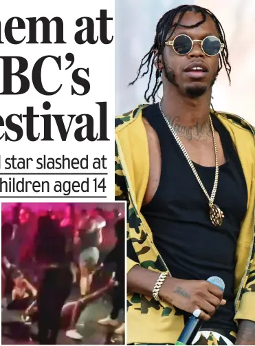  ??  ?? Chaos: Rapper Krept was attacked while girls, inset, were seen brawling in the crowd