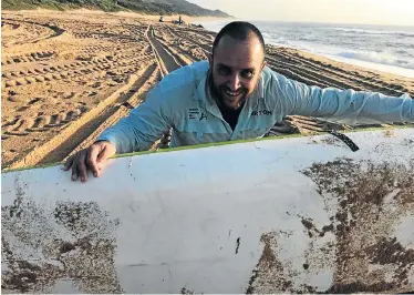  ??  ?? CRUNCH TIME: ‘All I can remember was seeing this huge eyeball,’ Bryon Machado said after a 3m shark attacked his canoe, leaving teeth marks