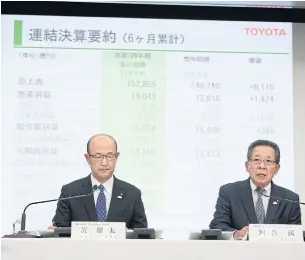  ?? BLOOMBERG ?? Mitsuru Kawai, executive vice president of Toyota Motor Corp, right, speaks as Kenta Kon, operating officer, listens during a news conference in Tokyo yesterday.
