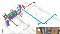  ??  ?? 1 A 3D design for the heat pump ventilatio­n system, showing planned duct locations for the plant room 2 As the ducts are the biggest services running through the building, it makes sense to get them in first. This image shows a silencer above the kitchen 3 The team insulates a long heated duct run 4 The heated duct terminals feature an electric backup to provide a boost of heat if required