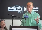  ??  ?? Lonnie Ali, widow of Muhammad Ali, speaks during a ceremony for the naming of Muhammad Ali Way on Monday at Barrow Neurologic­al Institute in Phoenix.