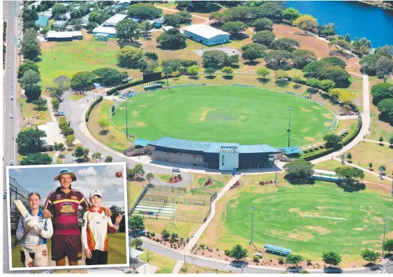  ?? Picture: Evan Morgan ?? Cricket legends are calling for Riverway Stadium to receive a much-needed lighting upgrade and (inset) Queensland Bulls Masters player Charlie Hemphrey with Brooke Morrish, 12, and Ben Taylor, 12.