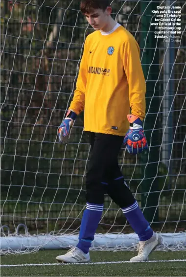  ??  ?? Captain Jamie King puts the seal on a 3-1 victory for Chord Celtic over Enfield in the Fitzsimons Cup quarter-final on Sunday.