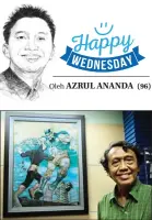  ?? BEKY SUBECHI/JAWA POS ?? FAVORIT: Hasmi dengan lukisan Gundala yang dipajang di ruang redaksi Jawa Pos Surabaya. Oleh AZRUL ANANDA (96)