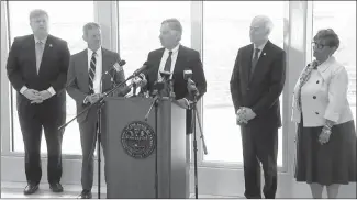  ?? Submitted Photo ?? Arkansas and Tennessee officials held a press conference this afternoon at the Tennessee Visitors Center to discuss repairs to the Interstate 40 bridge crossing the Mississipp­i River. Officials said safety is the priority in getting the bridge reopened.