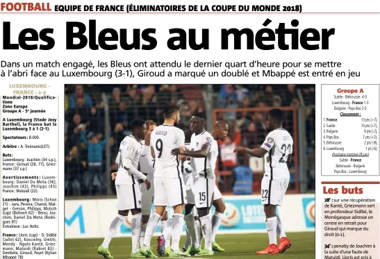  ?? (Photos AFP) ?? Les Bleus ont assuré l’essentiel au Luxembourg : victoire trois buts à un.