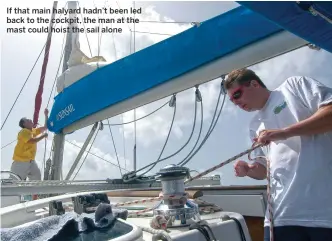  ??  ?? If that main halyard hadn’t been led back to the cockpit, the man at the mast could hoist the sail alone