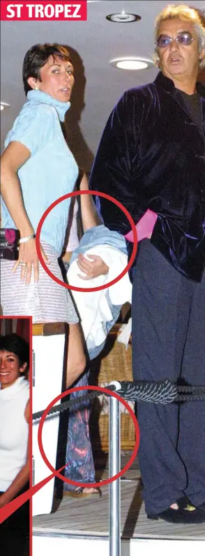  ??  ?? Coincidenc­e? A girl behind Miss Maxwell wears the same trousers and top, both circled, as Miss Roberts at a 2001 party for Naomi Campbell, attended by her then boyfriend Flavio Briatore