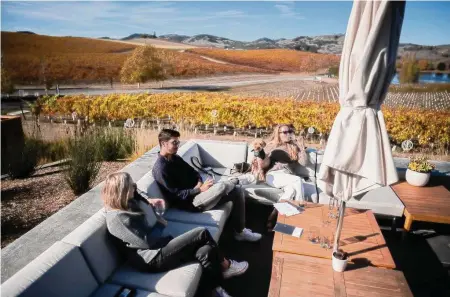  ?? Photos by Brian L. Frank/Special to The Chronicle ?? Adrian and Amber Parlow, with dog Windsor, drink with Christina Ausley at Napa’s Cuvaison Winery, which doesn’t allow kids.