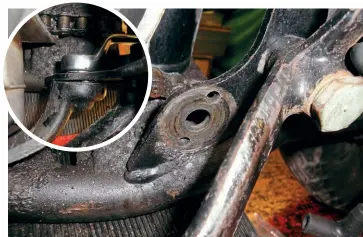  ??  ?? Whoever designed this had little interest in removing the footrest while the engine’s in the frame. Observe the spanner on the bolt