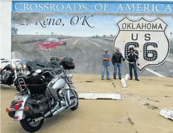  ??  ?? ROUTE MASTERS: Miles Osler, Andrew Bonamour and Brett Barrett in El Reno, Oklahoma, above; and below, the ‘horses’ take a break outside their motel in Santa Rosa, New Mexico