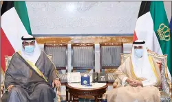  ?? KUNA photo ?? HH the Amir Sheikh Nawaf Al-Ahmad Al-Sabah meets HH the Prime Minister Sheikh Sabah Al-Khaled Al-Hamad Al-Sabah.