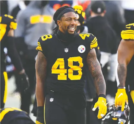  ?? JOE SARGENT/ GETTY IMAGES ?? Steelers linebacker Bud Dupree watches the action during the first half of Pittsburgh's victory over the Baltimore Ravens on Wednesday at Heinz Field. Dupree blew out his knee late in the game and will miss the remainder of the season for the unbeaten Steelers.