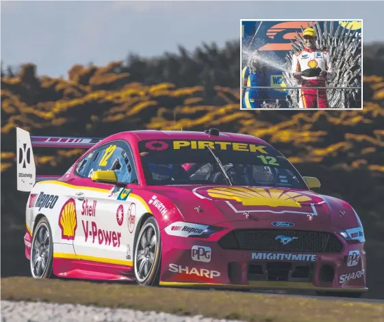  ?? Picture: SUPPLIED ?? Fabian Coulthard (inset) had his turn atop the podium yesterday after guiding his Mustang around Phillip Island.