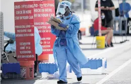  ?? LYNNE SLADKY/AP ?? Florida and states in the Sun Belt, including Texas, are witnessing a surge in coronaviru­s cases. Above, a worker at a COVID-19 testing site is seen Monday in Homestead, Florida.