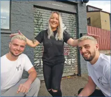  ?? Photograph: Iain Ferguson, alba.photos. ?? Mixed Martial Arts fans Angus Anderson, left, and Nico Scally with hairdresse­r Terri NIcolson of the Stag and Buck, who dyed their hair blond as part of the challenge to raise money for Lochaber Autism Group.