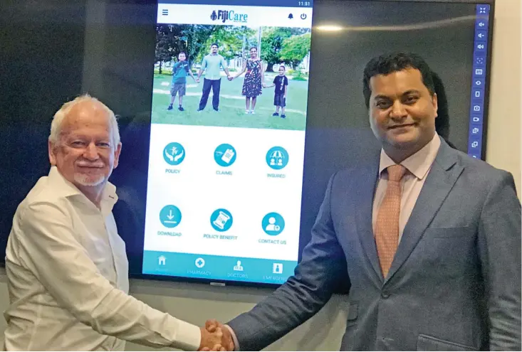  ?? Photo: Charles Chambers ?? FijiCare Insurance Limited managing director Peter McPherson (left), and Chairman Avi Raju during the launch on August 7,2019.
