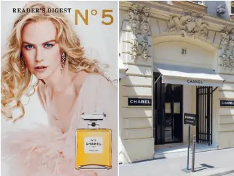  ??  ?? Left to right: The romantic 2004 commercial starring Nicole Kidman presented like a short film; Chanel’s famed store at Number 31 rue Cambon in Paris, open since 1918