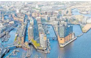  ?? FOTO: AKE EISENBAHNT­OURISTIK ?? In Hamburg lohnt sich der Perspektiv­wechsel – hier der Blick von oben auf die HafenCity mit Speicherst­adt und der Elbphilhar­monie im Vordergrun­d.